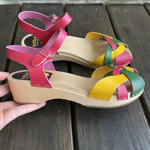 Swedish Hasbeens Toffel Multi Leather Wooden Heel Clog Sandals Size EU 39 US 8.5 - Picture 4 of 12